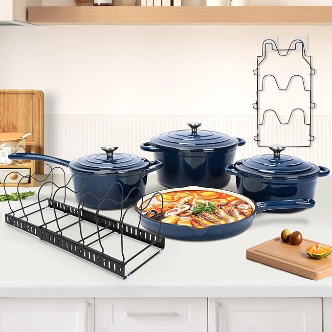 QuliMetal Nonstick Enameled Cast Iron Cookware Set, Frying Pan Skillet- 7-Pcs Pots and Pans with Lid, Healthy Round Dutch Oven Pot for Sourdough Bread Baking, Oven Safe up to 500° F or on All Stovetop