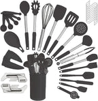 Silicone Kitchen Cooking Utensils Set with Stainless Steel Handle, Spatula Set Utensil Set, Cooking Utensil Set,Kitchen Tools Gadgets for Nonstick Cookware (35, Black)