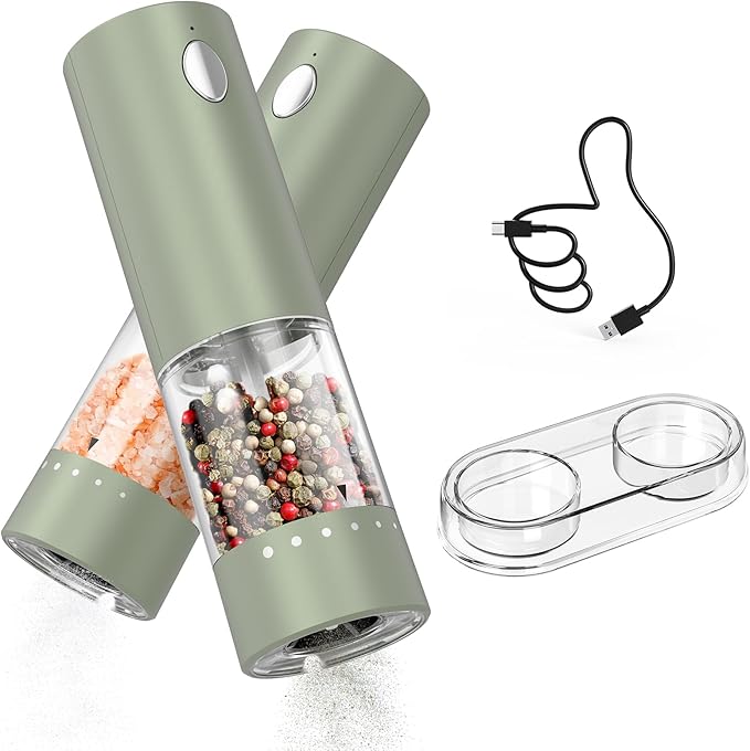CIRCLE JOY Electric Salt and Pepper Grinder Set Rechargeable Salt and Pepper Mills with Storage Base, Adjustable Coarseness and LED White Light, Washable 95ml Container, Green