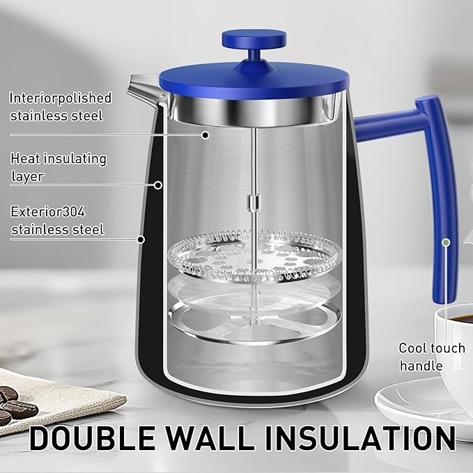 Secura 50oz French Press Coffee Maker – 304 Stainless Steel, Insulated Coffee Press with Extra Filter, Blue