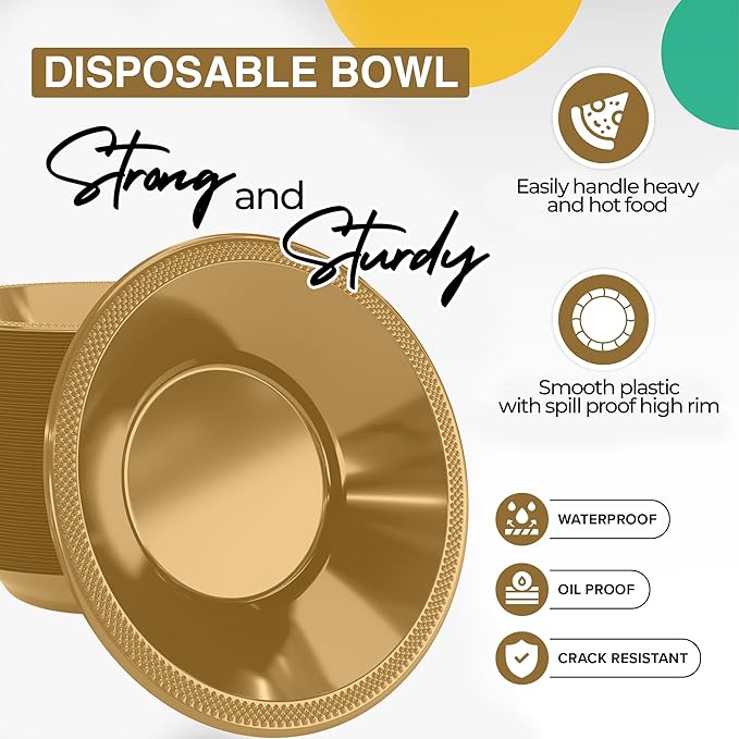 Exquisite Party Solids 12 Oz Gold Plastic Bowls Disposable Soup Bowls For Hot Food - 100 Pcs Gold Cereal Bowl Plastic Disposable Bowl For Soup | Party Supplies