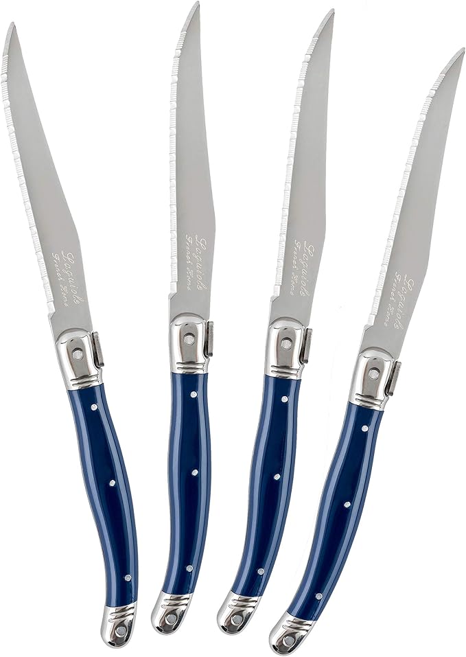 French Home Laguiole 4-Piece Steak Knife Set – Sophisticated Stainless Steel Dinner Knives with Navy Blue Handles & Iconic Bee Emblem – Serrated Knives for Smooth Cutting (9.25")