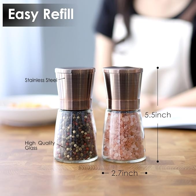 Vzaahu Salt and Pepper Copper Grinders, Set of 2 Refillable Bronze Brass, Seasalt Spice Peppermill with Magnetic Lids Adjustable Coarseness, Ceramic Core, Kitchen Gift