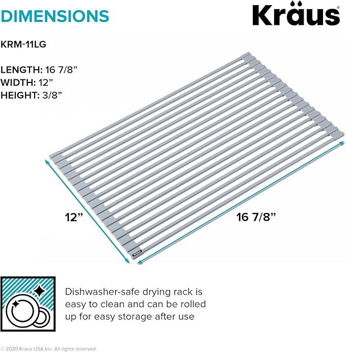Kraus Multipurpose Workstation Sink Roll-Up Dish Drying Rack, Colander and Trivet in Light Grey, KRM-11LG