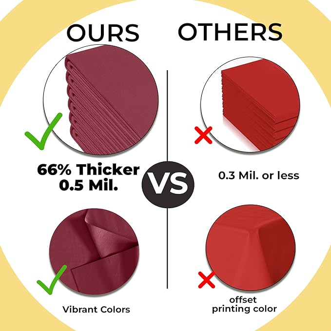 Exquisite 66% Thicker Premium Plastic Table Cloth Rectangle Table Cover 0.5 Mil 6 Pack Burgundy Table Cloth 54 Inch x 108 Inch Disposable Tablecloth Won't Tear Easily Like Cheap Thin Brands