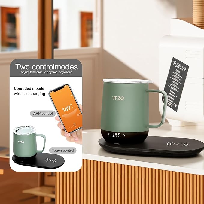 Temperature Control Smart Mug, Self Heating Coffee Mug LED Display, 180 Min Battery Life - Hot up to 149℉ Fast Wireless Charger Base Improved Design (12oz, Blue Grey)