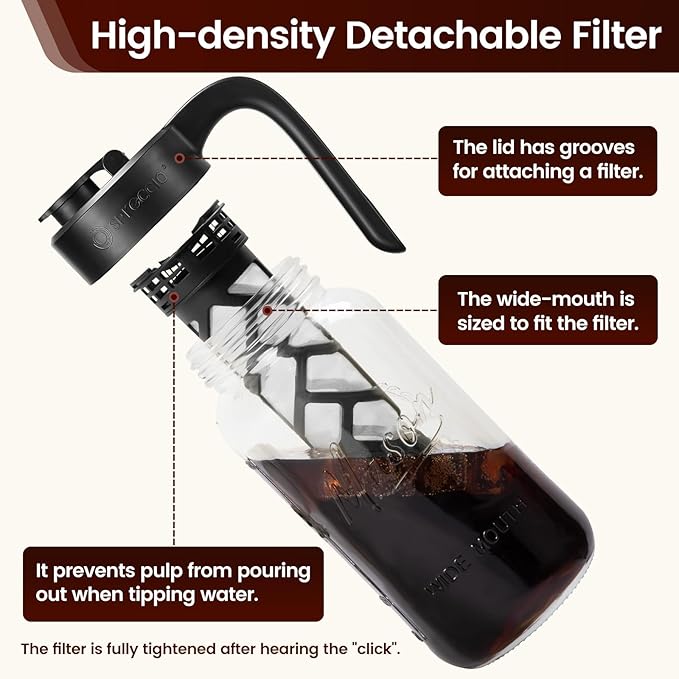 Cold Brew Coffee Maker Glass, Airtight & Leakproof Mason Jar Pitcher with Cold Brew Filter, 64 oz Glass Pitcher with Lid for Iced Coffee, Lemonade, Ice Tea
