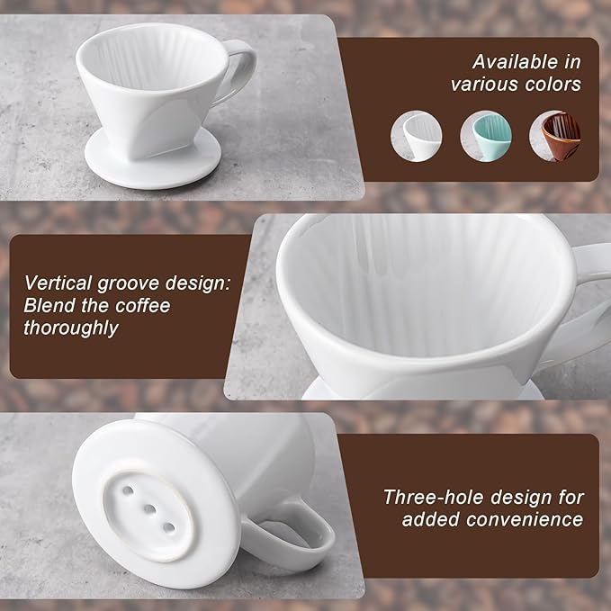 Pour Over Coffee Maker, Pour Over Coffee Dripper with 3 Holes Flat Bottom, Ceramic Drip Coffee Pour Over, Coffee Accessories for Travel, Camping, Office, Home(White)