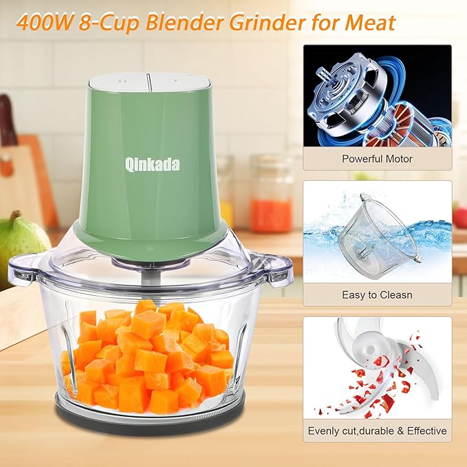 Food Processors with 2 Bowls, 400W Meat Grinder, Food Chopper Electric, 2 Speed, 8Cup Glass and 8Cup 304 Stainless Steel, 2 Blades, Spatula Green