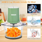Food Processors with 2 Bowls, 400W Meat Grinder, Food Chopper Electric, 2 Speed, 8Cup Glass and 8Cup 304 Stainless Steel, 2 Blades, Spatula Green