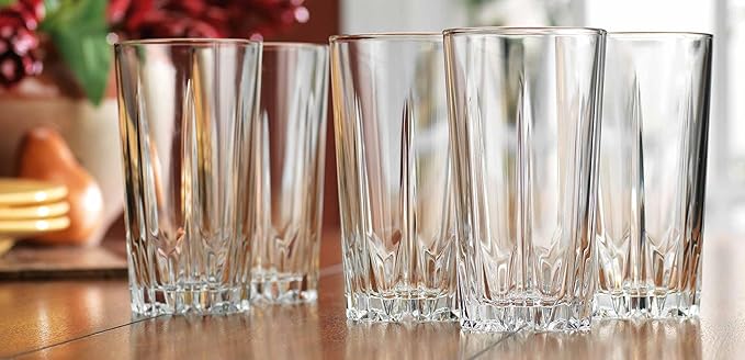 Glaver's Highball Glass Cups. Set of 10 Elegant Diamond Cut Drinking Glasses. Classic 15 oz Bar Glasses. Tall Kitchen Glass for Water, Old Fashioned, Juice, Beer, Cocktails.