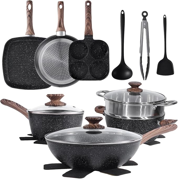 NEWBULIG Cookware Set, Nonstick & Non-Toxic Pots and Pans with Stay-Cool Handles, Induction Compatible, Black, 17 Pieces(6 Pot)