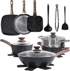 NEWBULIG 17-Piece Cookware Set, Nonstick & Non-Toxic Pots and Pans with Stay-Cool Handles, Induction Compatible, Black