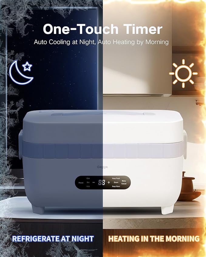 110V Plug-in Multi-Function Electric Cooling Lunch Box with 5.5-Cup Automatic Heating Portable Food Warmer with Removable Tray Divider for Office Work Travel (White)