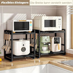 2-Tier Microwave Rack - Height Adjustable & Extendable Kitchen Shelf with Drawer - Carbon Steel - Includes Hooks & Reinforcement Suction Cups - Easy Assembly (Black)