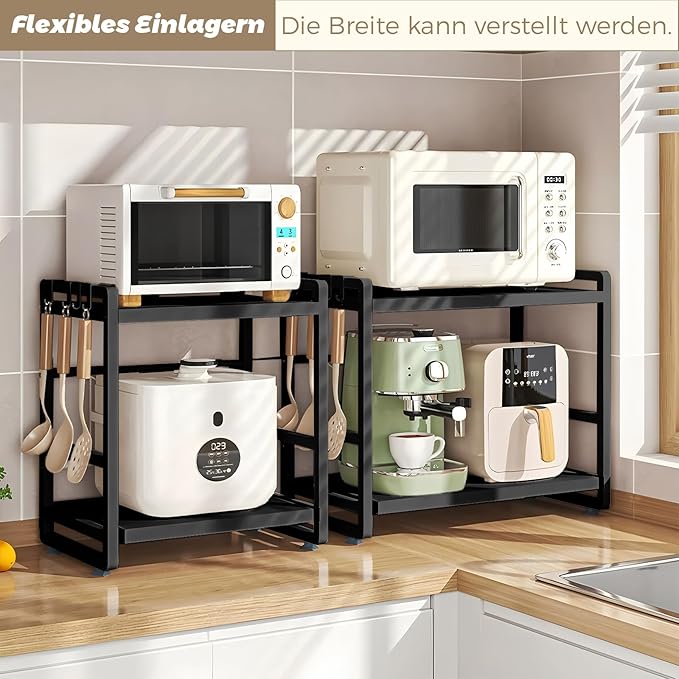 2-Tier Microwave Rack - Height Adjustable & Extendable Kitchen Shelf with Drawer - Carbon Steel - Includes Hooks & Reinforcement Suction Cups - Easy Assembly (Black)