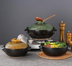 Japanese Donabe Ceramic Hot Pot Retro Heat Resistant Shallow Dutch Oven,Non-Stick Cookware Pot with Lid and Dual Handle for Cooking,Soup, Rice, Stew, Casserole, Noodle,Vintage Green,8in