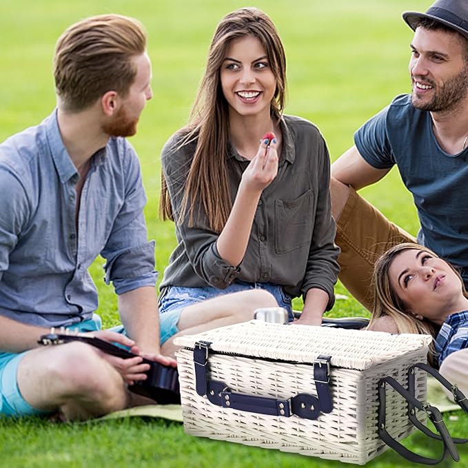 Picnic Basket Set for 4 with Waterproof Blanket Mat Insulation Bag Wicker White Navy Blue Stripe Classic Elegant Gift for Wedding Birthday Summer Camp Outdoor Camping Beach Travel Christmas