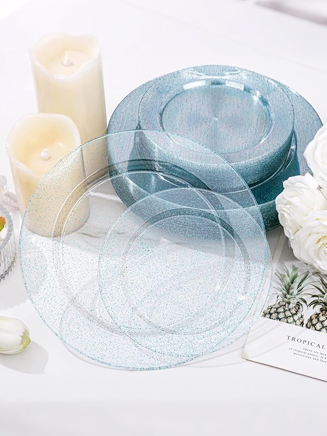 WDF 200PCS Blue Plastic Plates - Blue Glitter Plastic Plates - Heavy Duty Disposable Plates - Include 100 Dinner Plates 10" and 100 Dessert Plates 7" for Parties/Wedding/Graduation