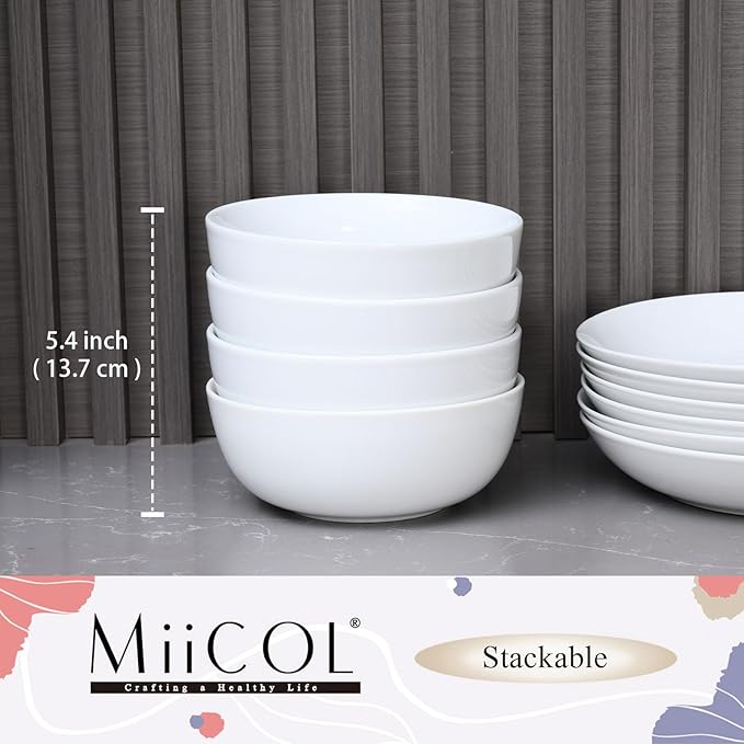 Miicol 6 Inch Ceramic Cereal Bowl, 20 oz White Small Bowls Set of 4, Tableware Suitable for Soup and Rice, Microwave and Dishwasher Safe