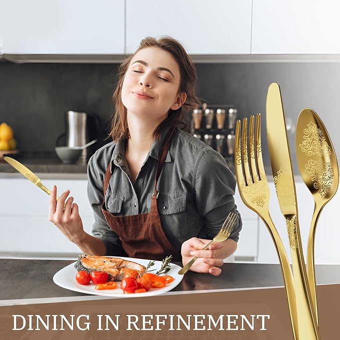 20-Piece Stainless Steel Silverware Set, Elegant Floral Engraved Cutlery Flatware Set for 4, Golden Tableware Utensil Sets Durable Include Fork Spoon Knife with Mirror Polish