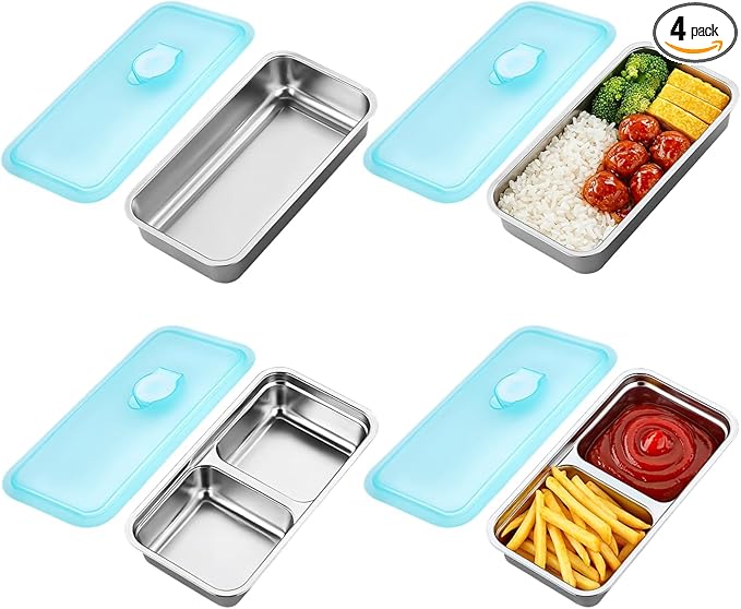 4 Pcs Grab and Go Snack Containers, Stainless Steel Double Compartment Snack Containers, Reusable, Food Grade Sealable Bento Box with Lid, Ideal for Office Lunch Travel