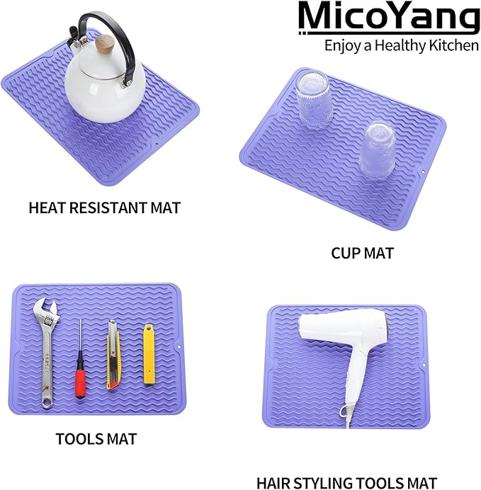 Silicone Dish Drying Mat for Multiple Usage,Easy clean,Eco-friendly,Heat-resistant Silicone Mat for Kitchen Counter or Sink,Refrigerator or drawer liner Light Purple L 16 inches x 12 inches