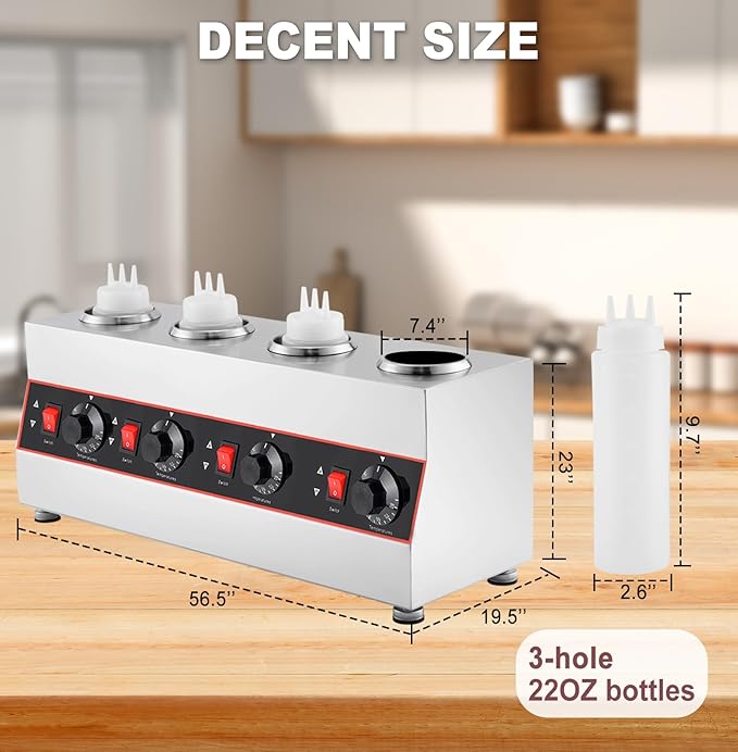 Sauce Warmer Dispenser Sauce Bottle Warmer Nacho Cheese Warmer Dispenser with 650ml Bottles, Bottle Warmer for Cheese Hot Fudge Caramel, 86-185℉110V