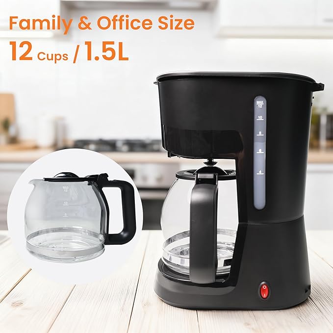 12-Cup Coffee Maker, 1.5L Drip Coffee Machine with One-Touch Brewing, Glass Carafe, Anti-Drip System, Reusable Filter, Easy-to-Use Home & Office Coffee Brewer