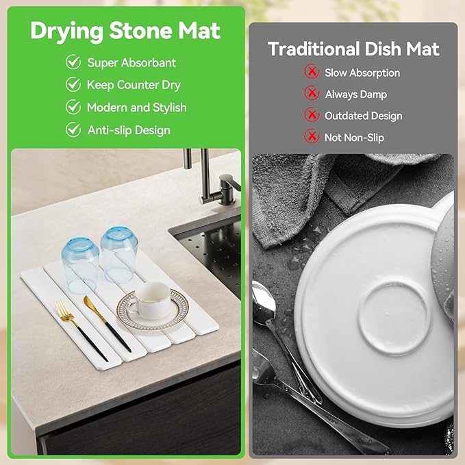 Stone Drying Mat for Kitchen Counter, Stone Bath Mats for Bathroom, Quick Dry Diatomaceous Earth Mat, Foldable Non-Slip Stone Mat for Bathroom Dishes Bottles Cups, Match Any Countertop, 15.8''x11.8''