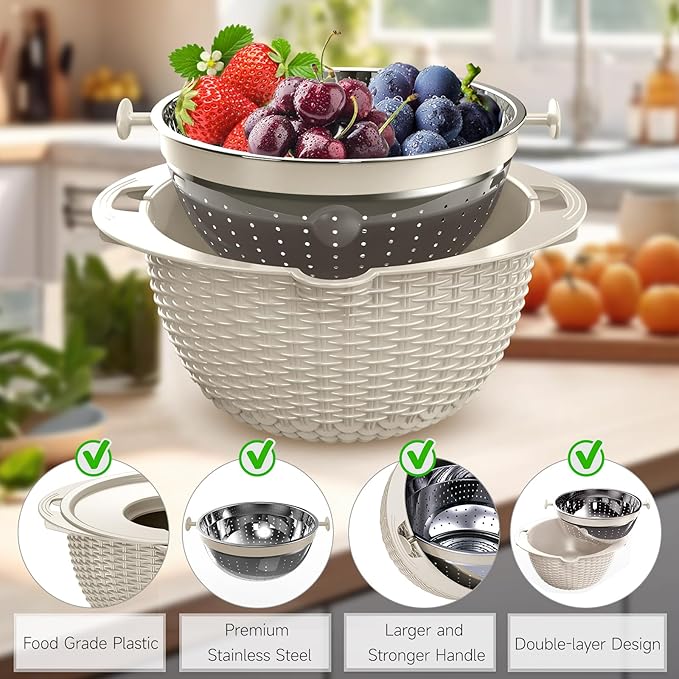 4-1 Colander with Bowl Set - Rotatable Colander Bowl with Measuring Spoons - Fruit Strainer Bowl, Food Strainers and Colanders Funny Presents for Women, Aesthetic Kitchen Gadget Essentials - Beige