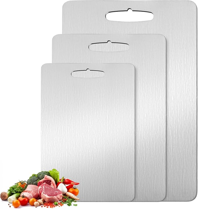 3Pack Titanium Cutting Board, 2025 New Upgrade 100% Pure Titanium Cutting Boards for Kitchen, Hygiene & Durability Non Stick Chopping Board, Double sided Cutting Board, Easy to Clean (M+L+XL）