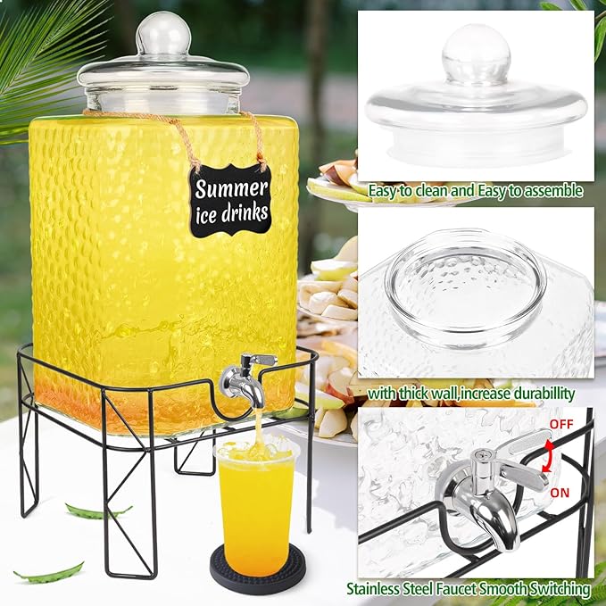4.6 Gallon Glass Beverage Dispenser with Stand Beverage Dispensers with Ice Cylinder Steel Spigot Hanging Chalkboard Signs Drip Trays Drink Juice Dispenser with Lids for Party Wedding Kitchen