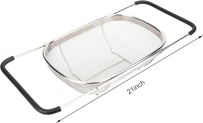 Suwimut 2 Pack Over the Sink Oval Colander for Kitchen, Stainless Steel Fine Mesh 6 Quart Strainer Basket with Expandable Rubber Grip Handles for Straining, Draining, Rinsing Fruits, Vegetables