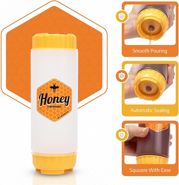 No‑Drip Honey Dispenser Bottle FIFO – 18 oz BPA-Free Squeeze Jar with Silicone Valve for Mess-Free Pouring – Refillable Honey Container for Syrup, Agave, Salad Dressing, Breakfast Use