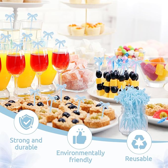 100Pcs Bow Cocktail Picks Party Toothpicks Blue Plastic Fruit Skewers Christmas Bow Drink Stirrers Cupcake Toppers Fancy Toothpick for Appetizers Drinks Wedding Coquette Birthday Bow Party Decor