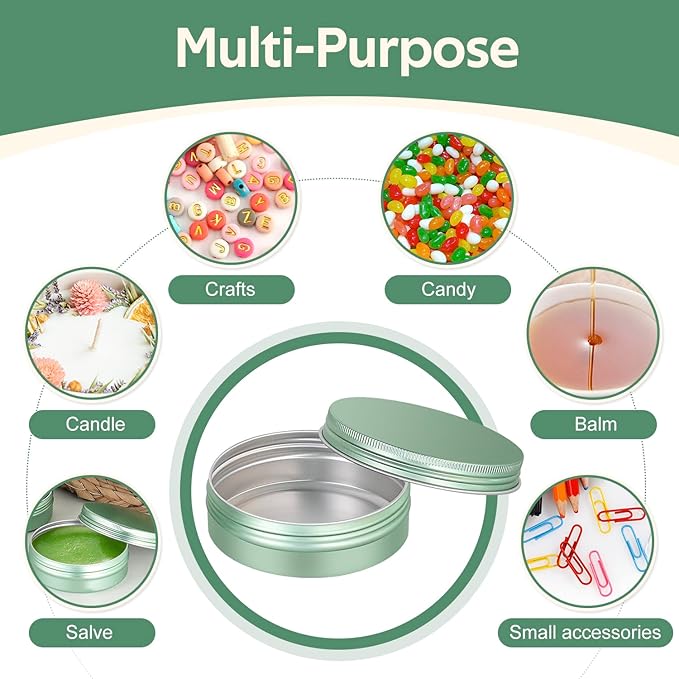 YQ 24 Pack 4 oz Tins for Salves, Round Aluminum Metal Tin with Lids, Empty 4oz Tin Containers Food Storage Containers, Salve Tins with Lids and Labels for Cosmetic, Balm, Candle, Candy(Light Green)
