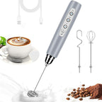 Milk Frother Handheld for Coffee, Electric Whisk 3 Speed Adjustable, Drink Mixer with Stainless 3 Whisks, Rechargeable Hand Frother Wand, for Latte Cappuccino Hot Chocolate Egg Cement Gray