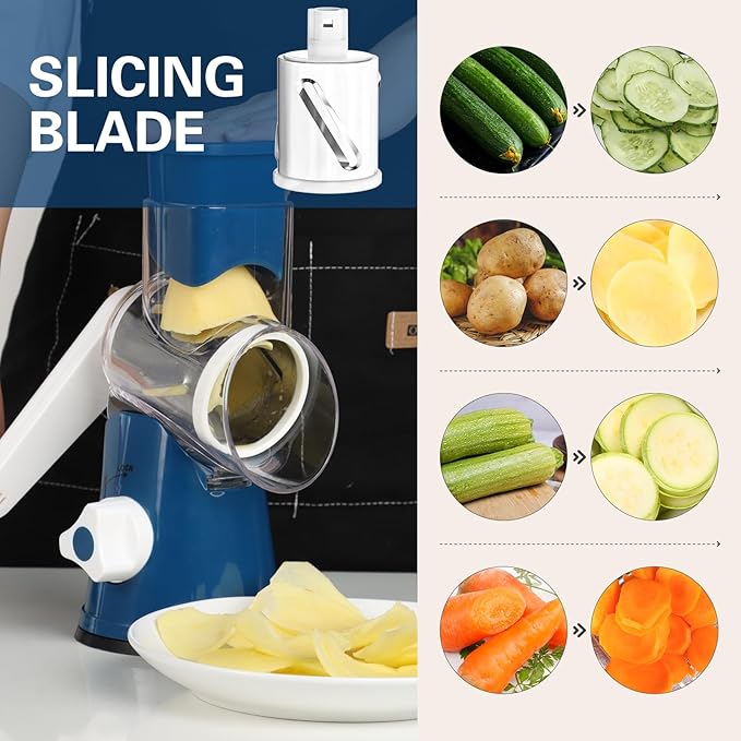 Cambom Rotary Cheese Grater Hand Crank Cheese Shredder for Fresh Cheese, Vegetable, Nuts,Non-slip Suction Base, Free Cleaning Brush Three Blades,Deep Blue