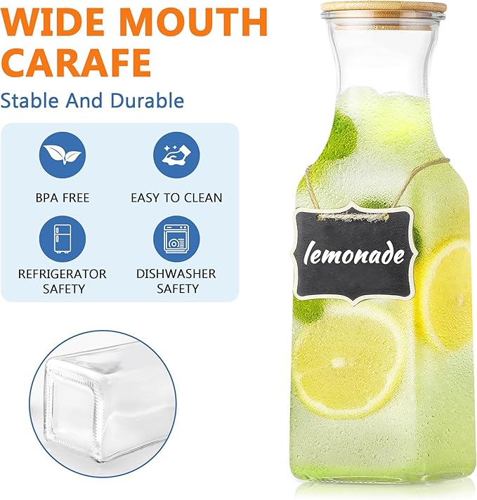 Set of 2 Square Glass Carafe, 1 Liter Beverage Serveware Carafe with Bamboo Lid, Water Bottles, Clear Glass Pitchers for Mimosa Bar, Milk, Juice, Lemonade(2 Bottles)