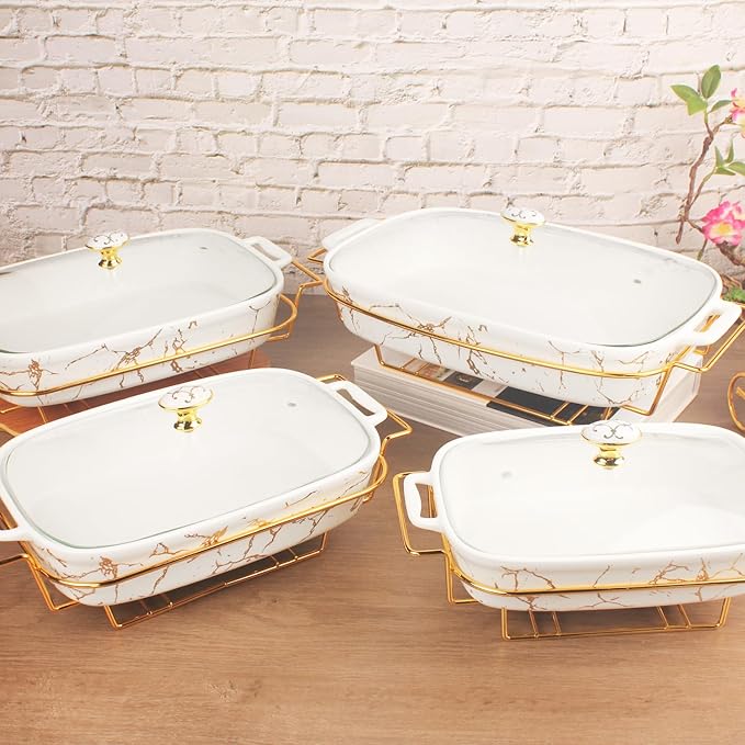 11" x 7" Ceramic Casserole Dish with Glass Lid and rack, 1.3 Quart Serving Soup Tureen,Chafing Dish for Buffet, Family Food preserve Tray, Catering Casserole for Party Style
