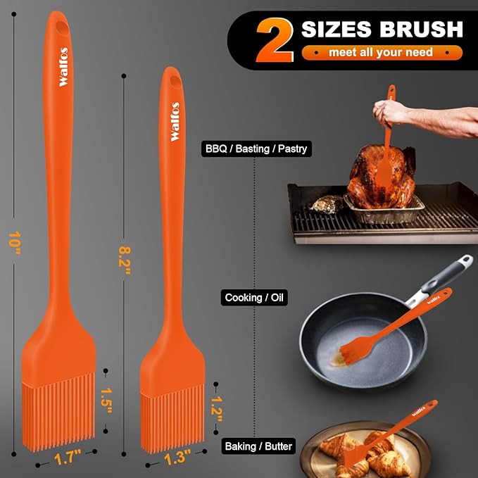 Walfos Silicone Basting Pastry Brush, Heat Resistant Pastry Brush Set, Strong Steel Core and One-Pieces Design, Perfect for BBQ Grill Kitchen Cooking, BPA Free and Dishwasher safe, 2 Pcs (orange)
