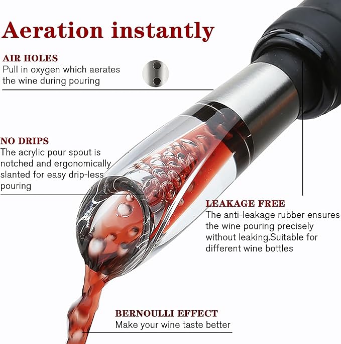 Wine Aerator Pourer & Wine Vacuum Stopper,Aerating Pourer and Decanter Spout Improved Flavor Aroma,Wine Saver Preserves Keep Wine Fresh 10Days,Wine Accessory Set for Wine Lovers