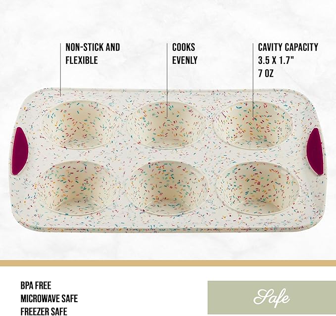 Trudeau Structure White Confetti 6-Cup Jumbo Muffin Pan – Premium Steel-Reinforced Silicone Bakeware, Nonstick BPA-Free Cupcake & Muffin Mold – Oven, Freezer & Dishwasher Safe