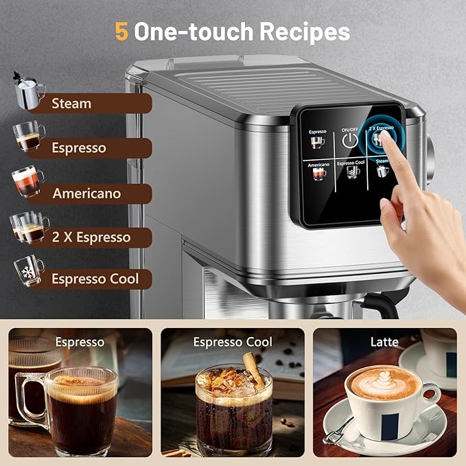Espresso Machine, 20 Bar Professional Espresso Coffee Maker with Milk Frother Steam Wand, Hot & Iced Coffee Machine, Compact Stainless Steel Coffee Machine for Cappuccino,Latte,Cold Brew