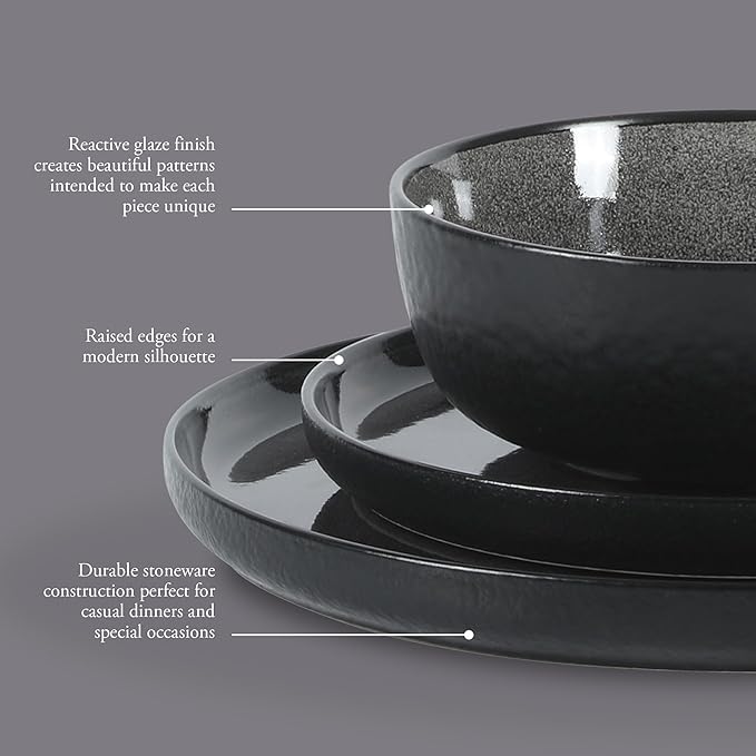 Gibson Elite Tahoe Sunset 12 Piece Stoneware Reactive Glaze (Service for 4) Ceramic Plates and Bowls Dinnerware Set - Black