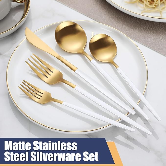 Matte White Gold Silverware Set,30 Piece Stainless Steel Modern Flatware Set,Brushed Cutlery Set Service for 6,Satin Finish Utensils Set,Home Kitchen and Restaurant,Dishwasher Safe
