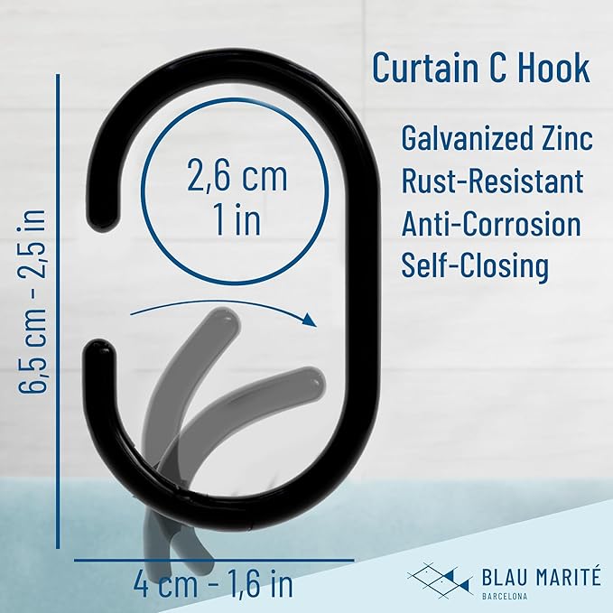 12 Metal Shower Curtain Hooks, Rust-Proof Decorative C-Shaped Curtain Hooks for Bathroom, Black Shower Curtain Rings, Fits Rods Up to 1 Inch (C, Black)