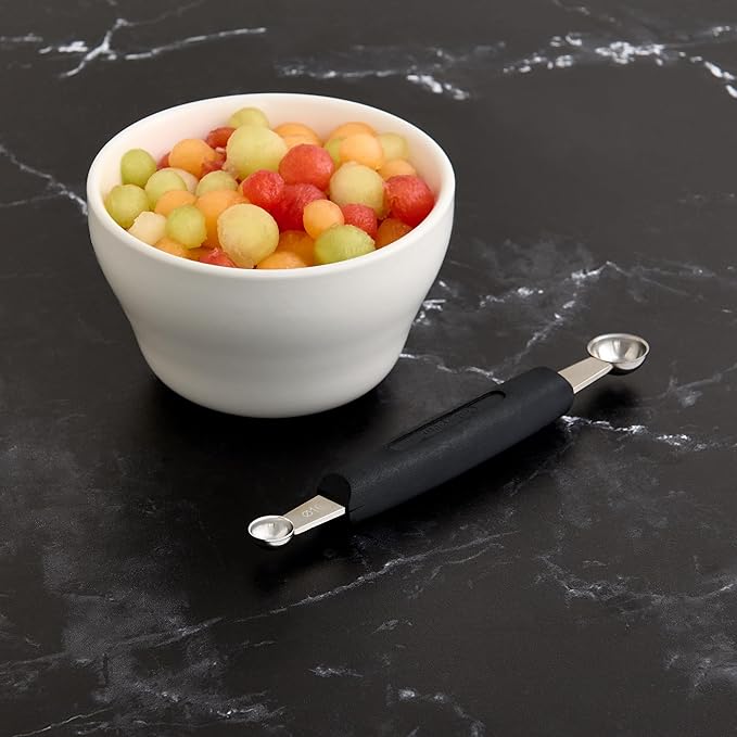 CatCora Melon Baller, Professional 18/8 Stainless Steel Dual Blades 22/25-Millimeter For Melon Balls and Garnishes, Ergonomic Soft-Grip Handle