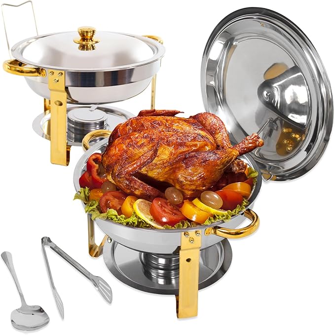 2-Pack Round Chafing Dishes for Buffet, 5QT Stainless Steel Buffet Chafing Set for Catering, Parties & Events